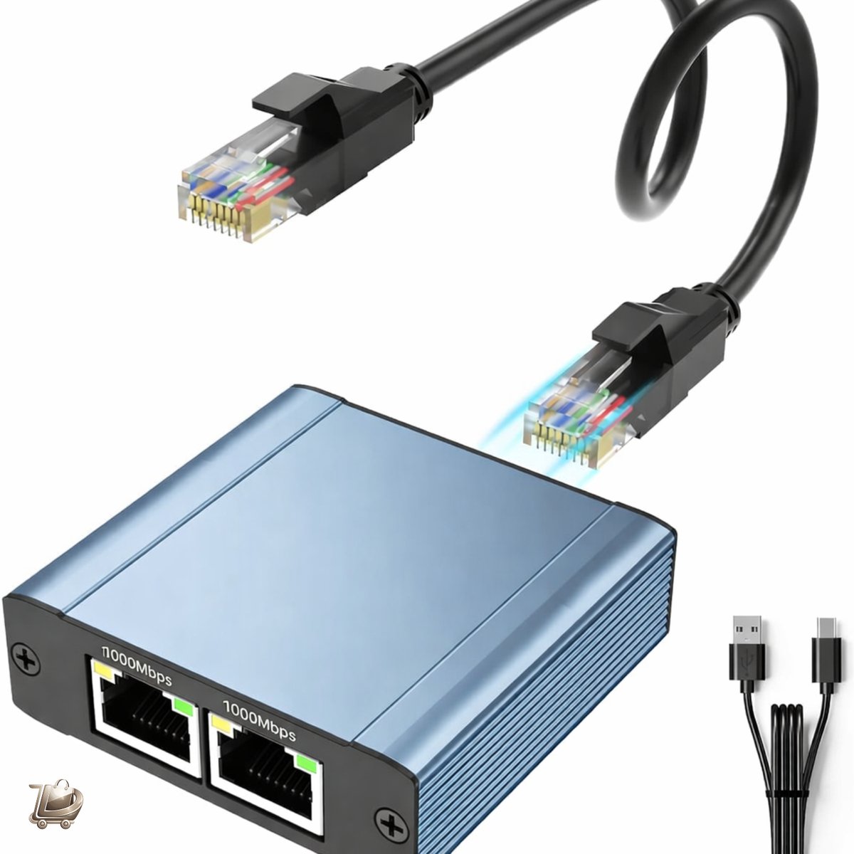 RJ45 Ethernet Splitter 1 naar 2 - Gigabit 1000Mbps Netwerkverdeler - Dual RJ45 Adapter - LAN Splitter voor Cat5 Cat5e Cat6 Cat7 Cat8 Kabel - Aluminium Behuizing - Inclusief Voedingskabel - Hoge Snelheid Internet Adapter - Netwerk Accessoire voor
