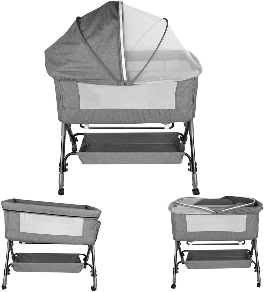 3-in-1 Opvouwbare Babywieg Bedrand Met Matras en Laken, In Hoogte Verstelbaar