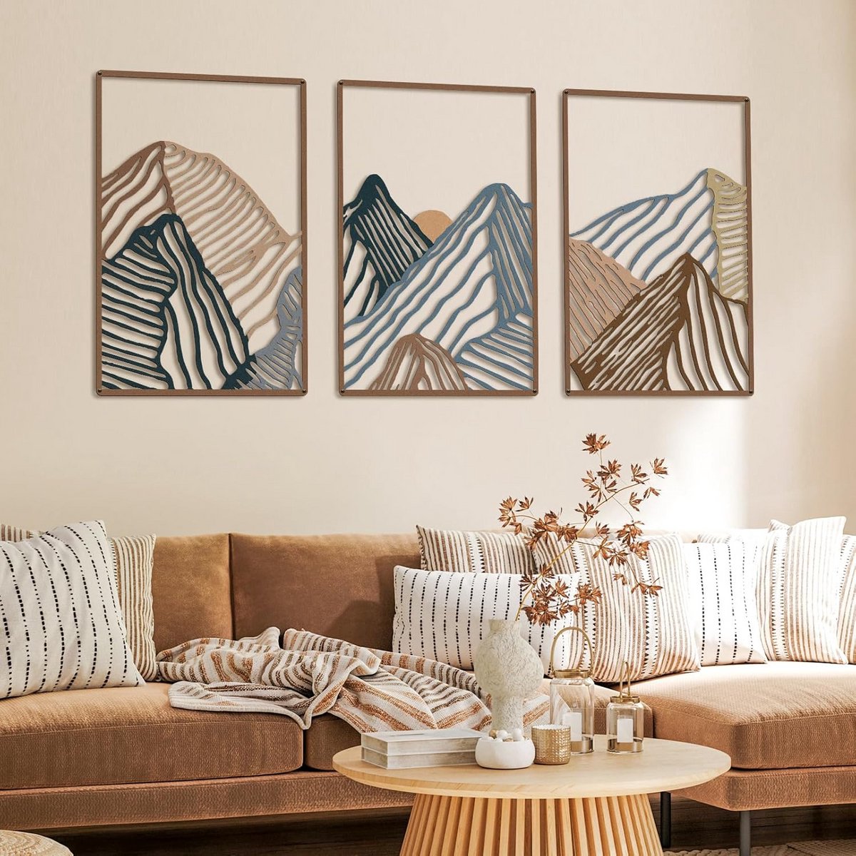 Set van 3 Metalen Wanddecoraties met Abstract Bergthema