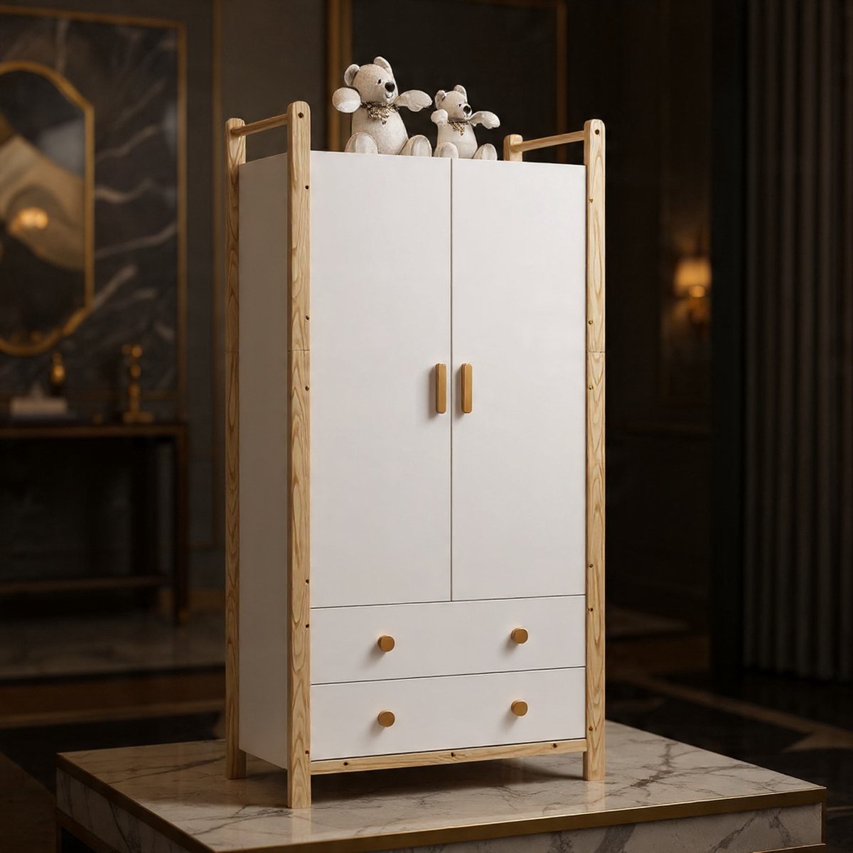 NordicLine Kledingkast 90x45x180 cm – Witte 2-Deurs Kast met Grenen Houten Frame, Kledingstang en 2 Laden – Moderne Garderobekast voor Slaapkamer, Kinderkamer en Hal - House&Garden