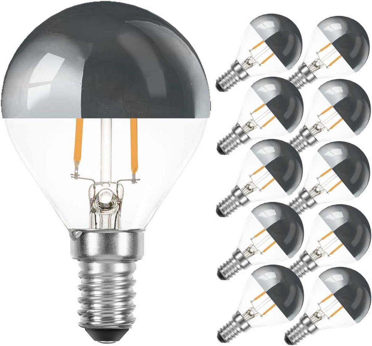 10x LED Filament Druppel Lamp E14 2W Lichtopbrengst 25W Warm Wit Zilveren Spiegelkap