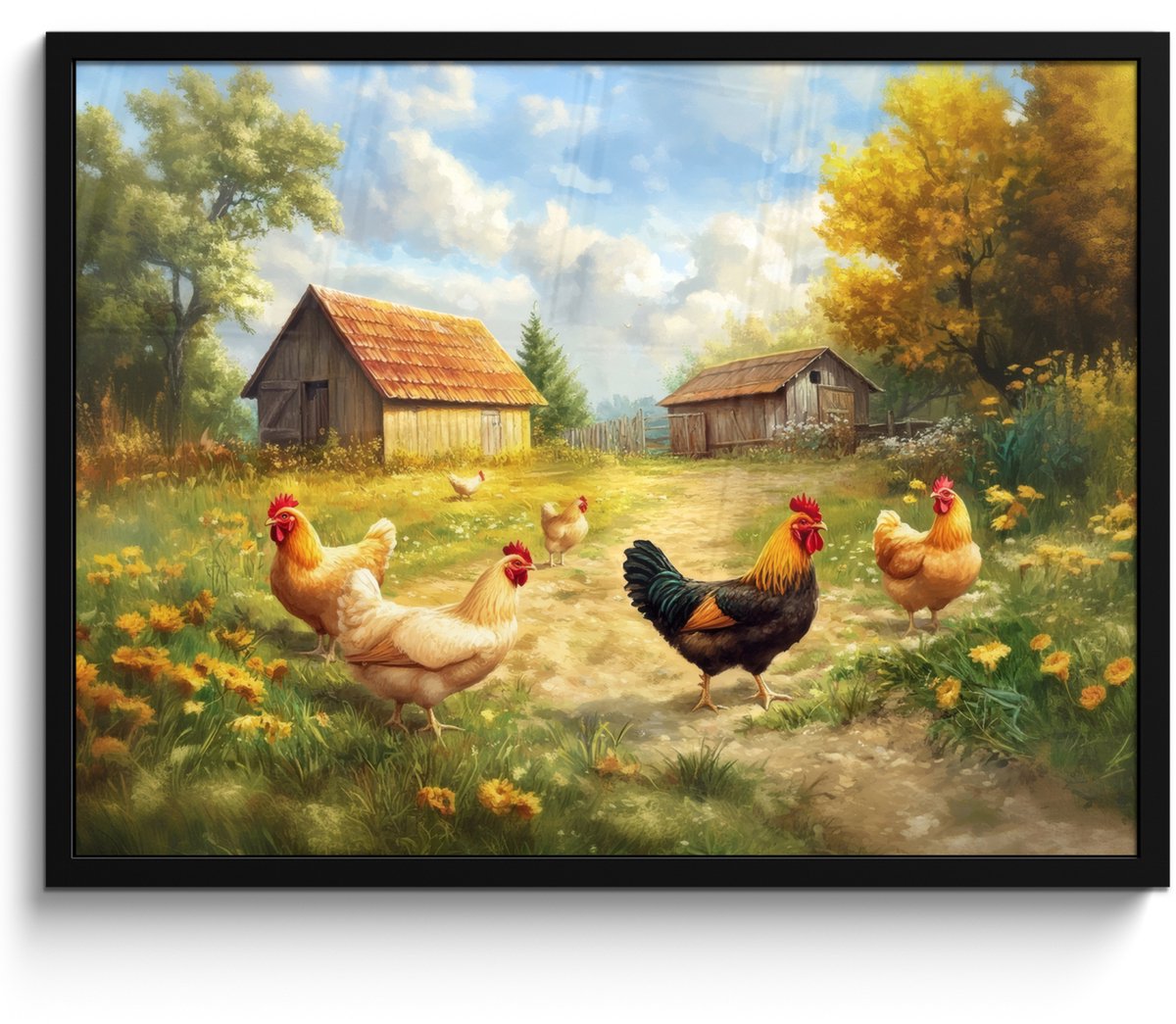 FrameYourWall Poster in lijst - Fotolijst 70x50 cm - Posters - Kippen - Landelijke rust - Natuur - Posterlijst zwart - Decoratie - Wanddecoratie woonkamer - Muurdecoratie slaapkamer Kippen - Natuur