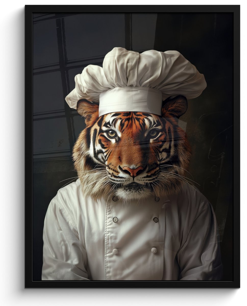 FrameYourWall Poster in lijst - Fotolijst 50x70 cm - Posters - Tijger - Kokskleding - Bruin - Posterlijst zwart - Decoratie - Wanddecoratie woonkamer - Muurdecoratie slaapkamer