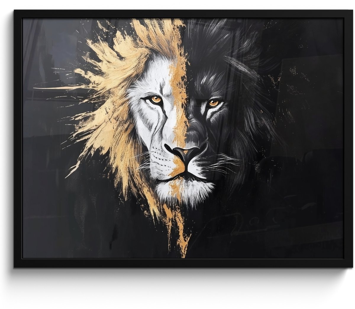 FrameYourWall Poster in lijst - Fotolijst 70x50 cm - Posters - Leeuw - Gesplitst - Zwart - Lijn - Posterlijst zwart - Decoratie - Wanddecoratie woonkamer - Muurdecoratie slaapkamer Leeuw - Portret