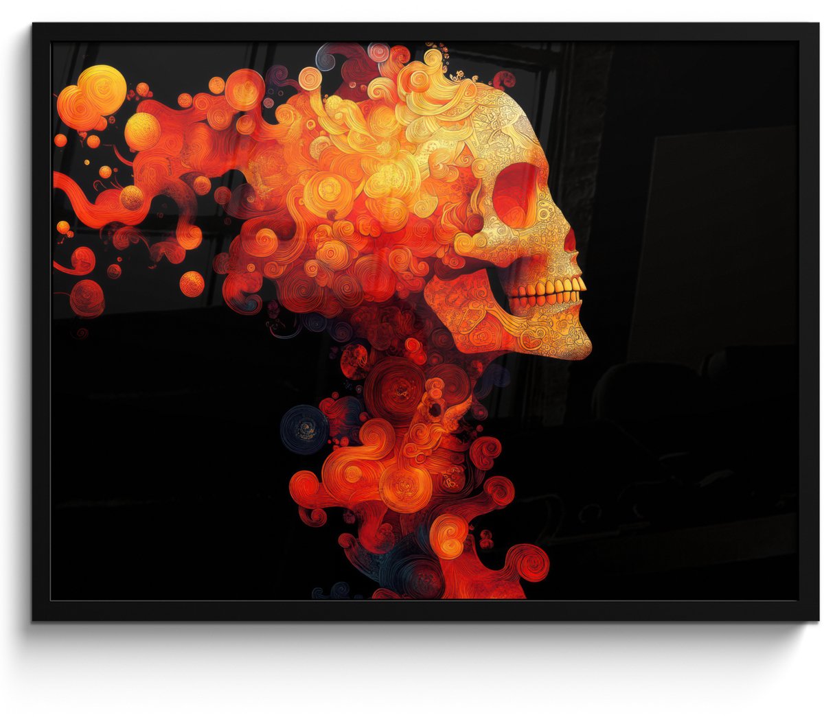 FrameYourWall Poster in lijst - Fotolijst 70x50 cm - Posters - Schedel - Oranje - Zijaanzicht - Vlammen - Posterlijst zwart - Decoratie - Wanddecoratie woonkamer - Muurdecoratie slaapkamer Schedel - Vlammen