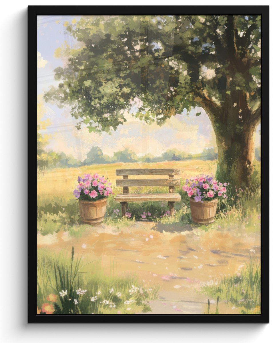 FrameYourWall Poster in lijst - Fotolijst 50x70 cm - Posters - Houten bankje - Bloempotten - Landschap - Posterlijst zwart - Decoratie - Wanddecoratie woonkamer - Muurdecoratie slaapkamer Landschap - Houten bankje