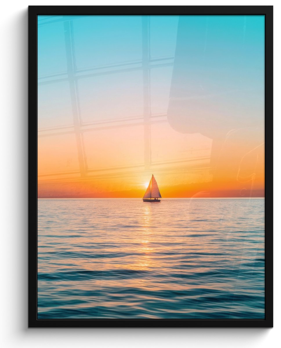 FrameYourWall Poster in lijst - Fotolijst 50x70 cm - Posters - Zee - Zeilboot - Zonsondergang - Posterlijst zwart - Decoratie - Wanddecoratie woonkamer - Muurdecoratie slaapkamer
