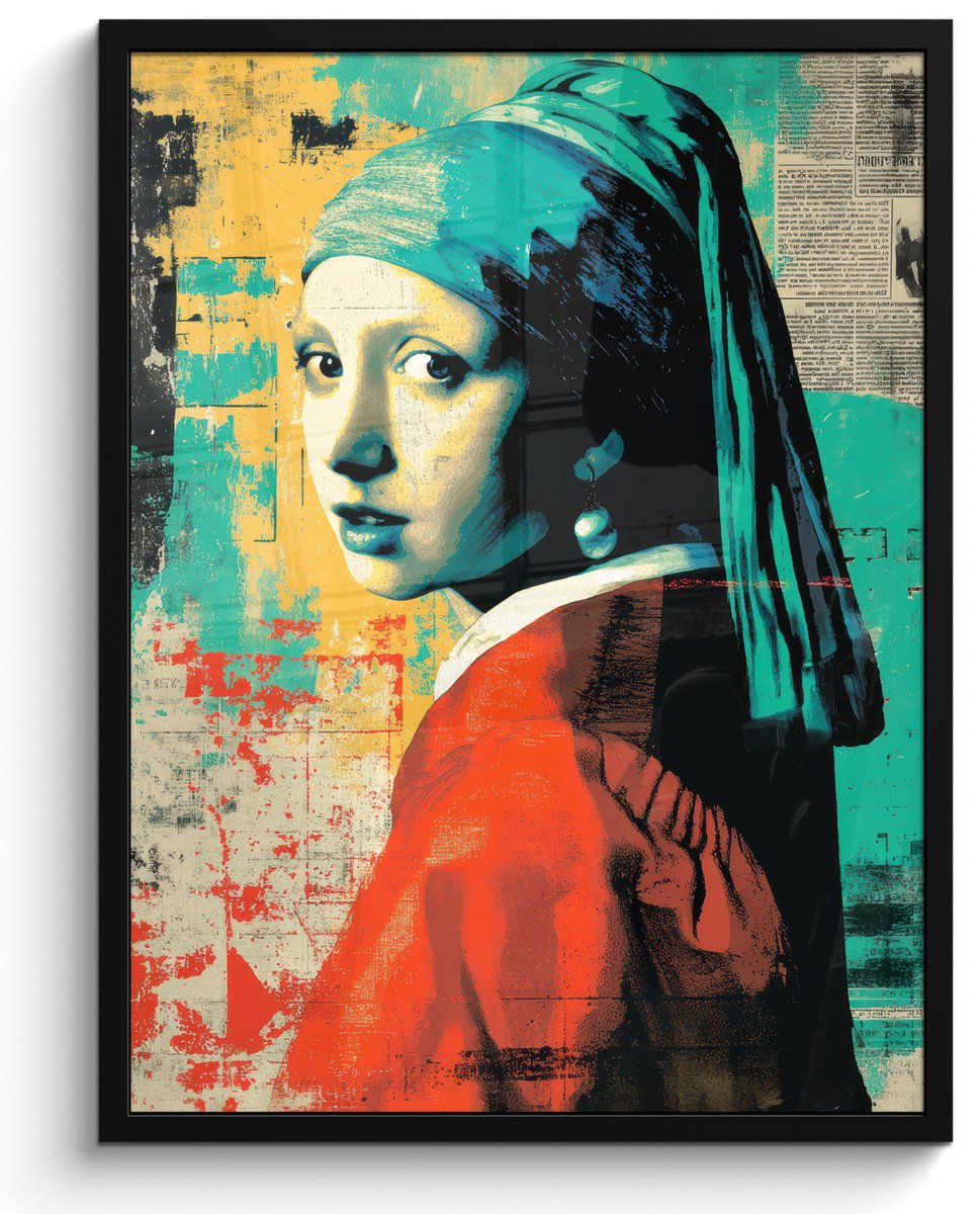 FrameYourWall Poster in lijst - Fotolijst 50x70 cm - Posters - Klassiek - Pareloorbel - Streetartstijl - Kleurrijk - Posterlijst zwart - Decoratie - Wanddecoratie woonkamer - Muurdecoratie slaapkamer Vrouw - Klassiek - Pareloorbel
