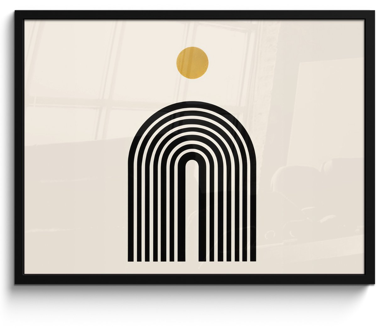 FrameYourWall Poster in lijst - Fotolijst 70x50 cm - Posters - Minimalistisch - Zwarte boog - Gouden cirkel - Posterlijst zwart - Decoratie - Wanddecoratie woonkamer - Muurdecoratie slaapkamer Boog - Cirkel