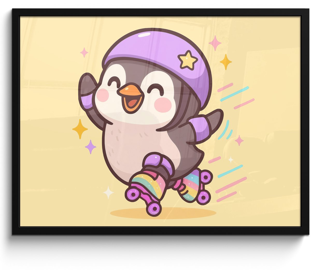 FrameYourWall Poster in lijst - Fotolijst 70x50 cm - Posters - Pinguïn - Rolschaatsen - Geel - Energiek - Posterlijst zwart - Decoratie - Wanddecoratie woonkamer - Muurdecoratie slaapkamer