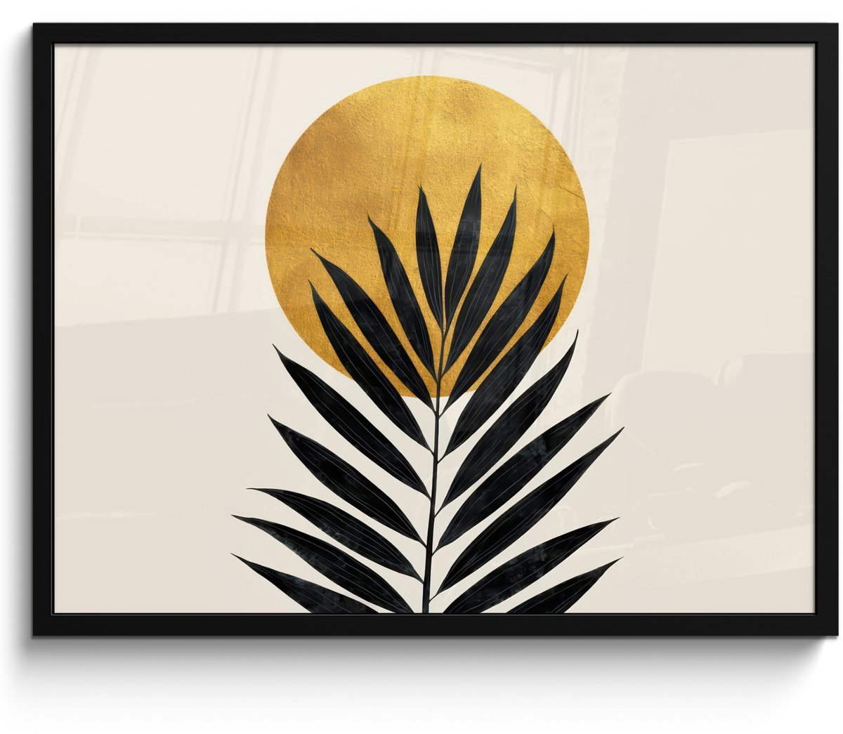 FrameYourWall Poster in lijst - Fotolijst 70x50 cm - Posters - Zwart palmblad - Gouden cirkel - Beige achtergrond - Posterlijst zwart - Decoratie - Wanddecoratie woonkamer - Muurdecoratie slaapkamer Palmblad - Cirkel