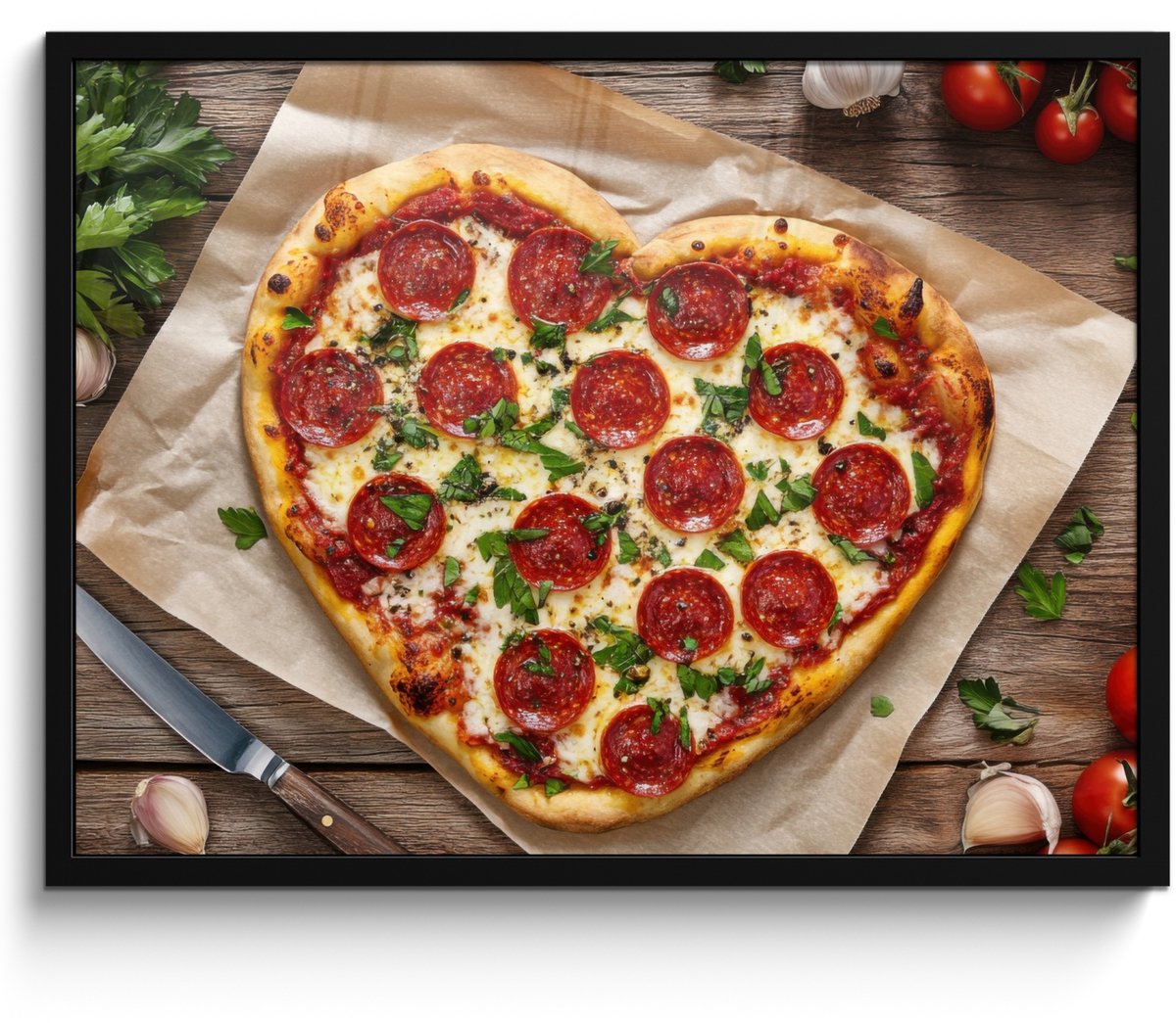 FrameYourWall Poster in lijst - Fotolijst 70x50 cm - Posters - Pizza - Hart - Pepperoni - Tomaat - Posterlijst zwart - Decoratie - Wanddecoratie woonkamer - Muurdecoratie slaapkamer