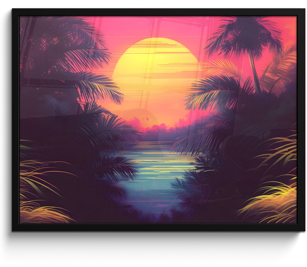 FrameYourWall Poster in lijst - Fotolijst 70x50 cm - Posters - Zon - Geel - Palmbomen - Tropisch - Posterlijst zwart - Decoratie - Wanddecoratie woonkamer - Muurdecoratie slaapkamer Palmbomen - Zon