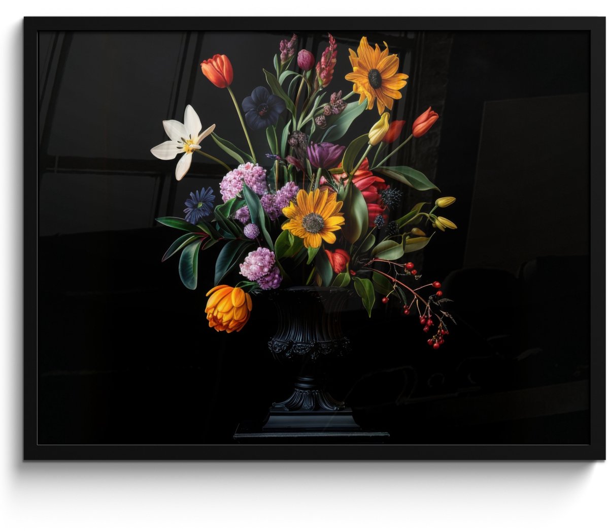 FrameYourWall Poster in lijst - Fotolijst 70x50 cm - Posters - Zonnebloemen - Boeket - Kleurrijk - Posterlijst zwart - Decoratie - Wanddecoratie woonkamer - Muurdecoratie slaapkamer Boeket - Bloemen 1