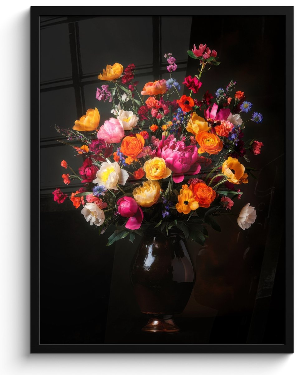 FrameYourWall Poster in lijst - Fotolijst 50x70 cm - Posters - Kleurrijk - Boeket - Vaas - Donkerbruin - Posterlijst zwart - Decoratie - Wanddecoratie woonkamer - Muurdecoratie slaapkamer Boeket - Bloemen 5