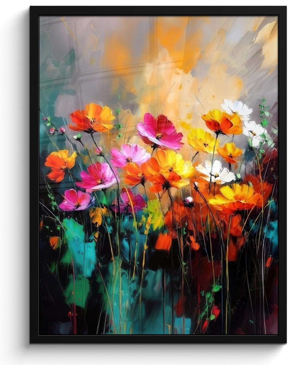 FrameYourWall Poster in lijst - Fotolijst 50x70 cm - Posters - Felgekleurd - Bloemblaadjes - Abstract - Posterlijst zwart - Decoratie - Wanddecoratie woonkamer - Muurdecoratie slaapkamer