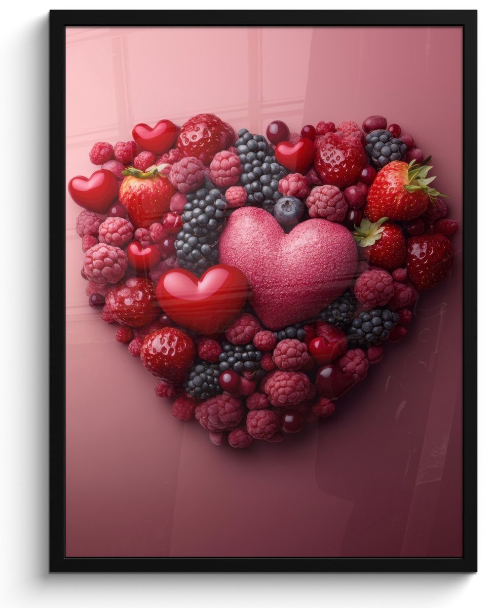 FrameYourWall Poster in lijst - Fotolijst 50x70 cm - Posters - Fruit - Hartjes - Aardbeien - Frambozen - Bosbessen - Posterlijst zwart - Decoratie - Wanddecoratie woonkamer - Muurdecoratie slaapkamer