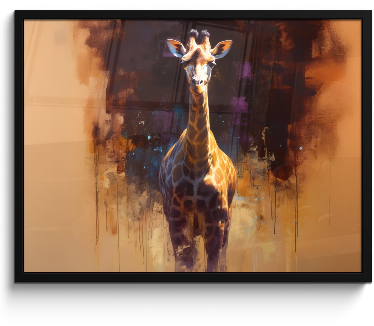 FrameYourWall Poster in lijst - Fotolijst 70x50 cm - Posters - Giraf - Bruin - Abstract - Geschilderd - Posterlijst zwart - Decoratie - Wanddecoratie woonkamer - Muurdecoratie slaapkamer