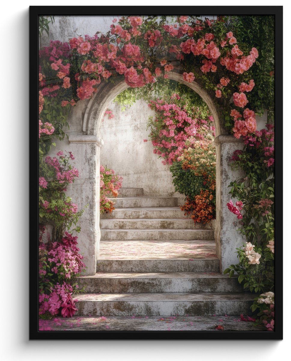 FrameYourWall Poster in lijst - Fotolijst 50x70 cm - Posters - Doorkijk - Rozen - Vintage - Poort - Posterlijst zwart - Decoratie - Wanddecoratie woonkamer - Muurdecoratie slaapkamer Boog - Rozen