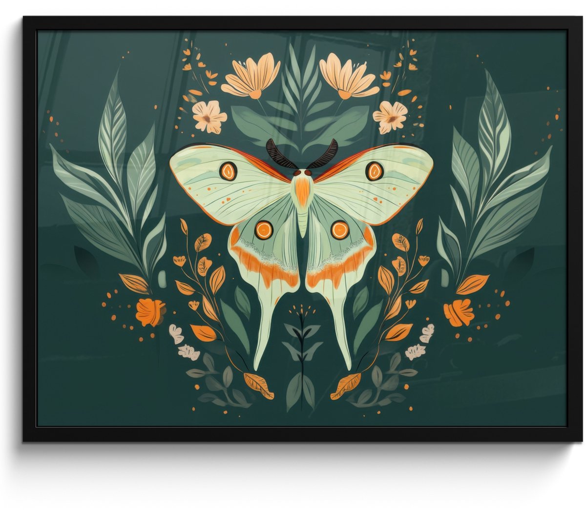 FrameYourWall Poster in lijst - Fotolijst 70x50 cm - Posters - Sierlijk - Vlinder - Groen - Bladeren - Posterlijst zwart - Decoratie - Wanddecoratie woonkamer - Muurdecoratie slaapkamer Sierlijk - Vlinder - Bladeren