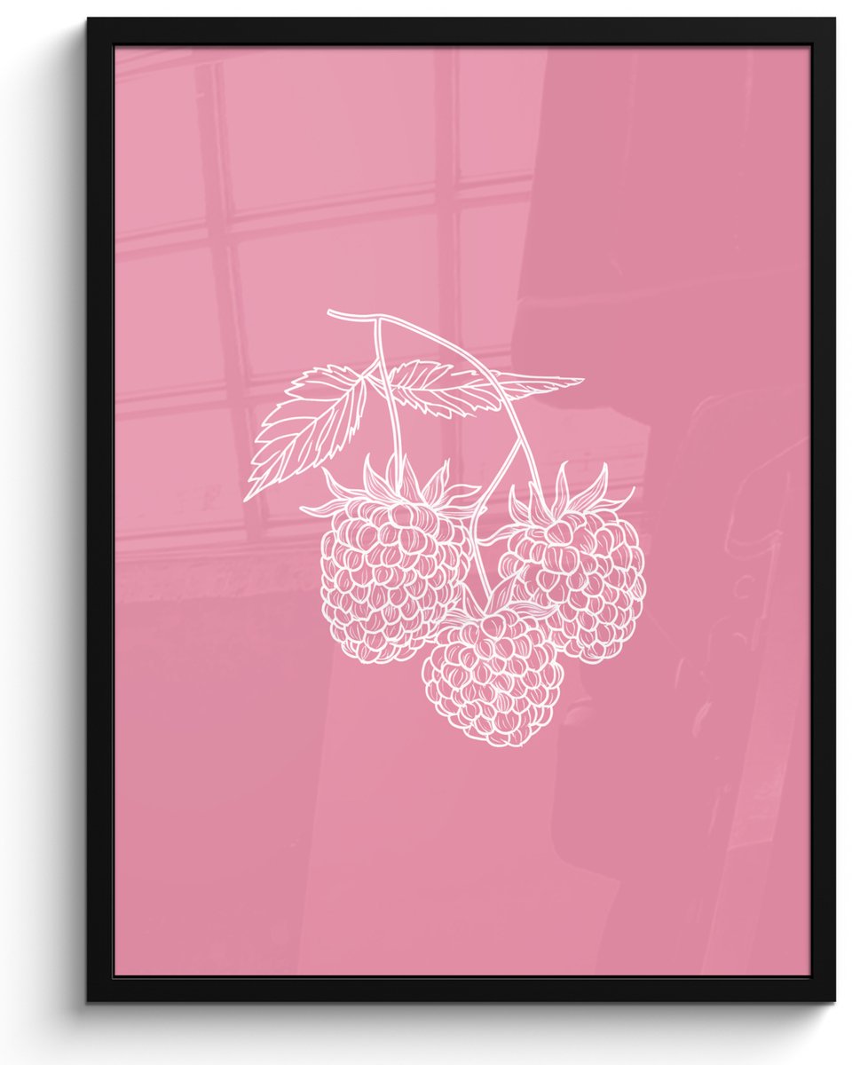 FrameYourWall Poster in lijst - Fotolijst 50x70 cm - Posters - Frambozen - Steel - Getekend - Roze - Posterlijst zwart - Decoratie - Wanddecoratie woonkamer - Muurdecoratie slaapkamer