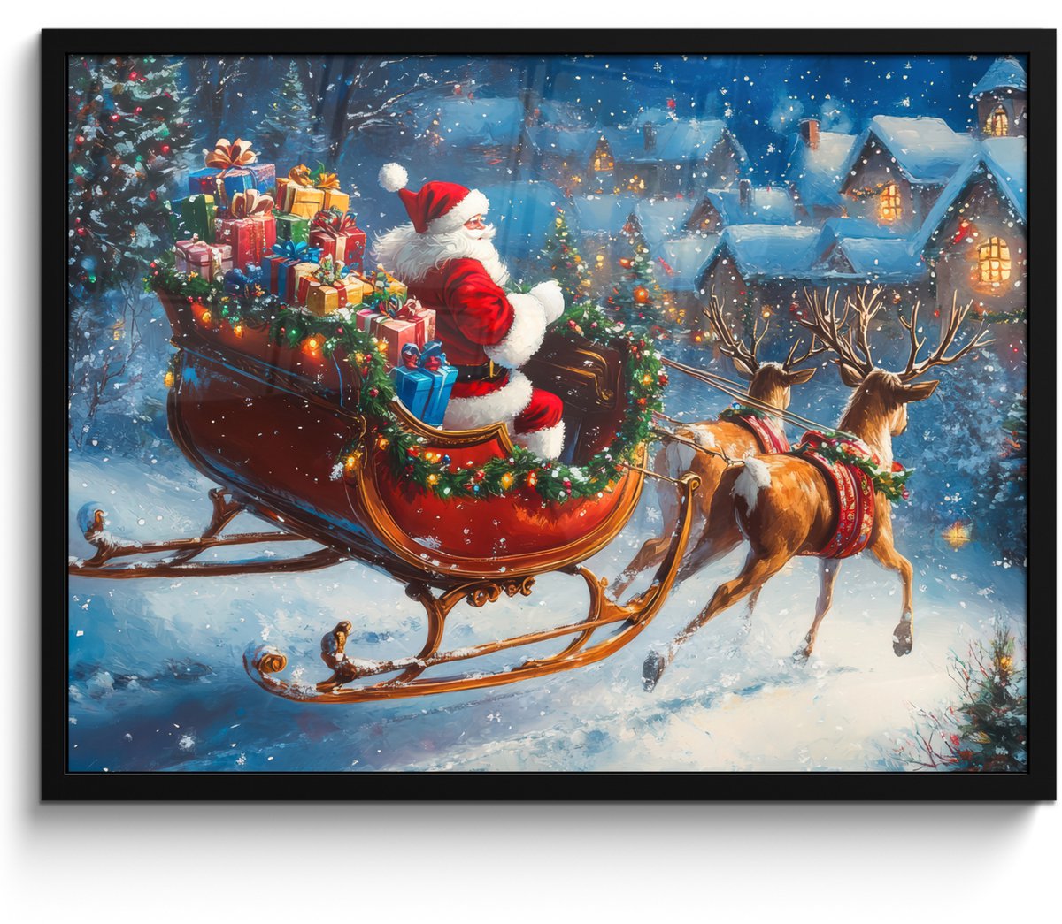FrameYourWall Poster in lijst - Fotolijst 70x50 cm - Posters - Kerstman - Rendier - Kerst - Sneeuw - Posterlijst zwart - Decoratie - Wanddecoratie woonkamer - Kerstdecoratie voor binnen - Kerstversiering - Kerstmis versiering in huis - Kerstaccessoires Kerstman - Rendier - Cadeaus