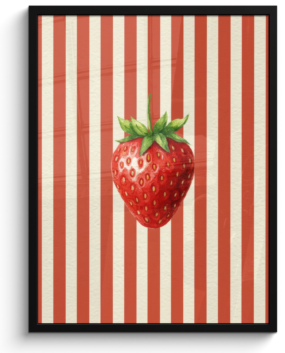 FrameYourWall Poster in lijst - Fotolijst 50x70 cm - Posters - Aardbei - Strepen - Rood - Posterlijst zwart - Decoratie - Wanddecoratie woonkamer - Muurdecoratie slaapkamer Multicolor