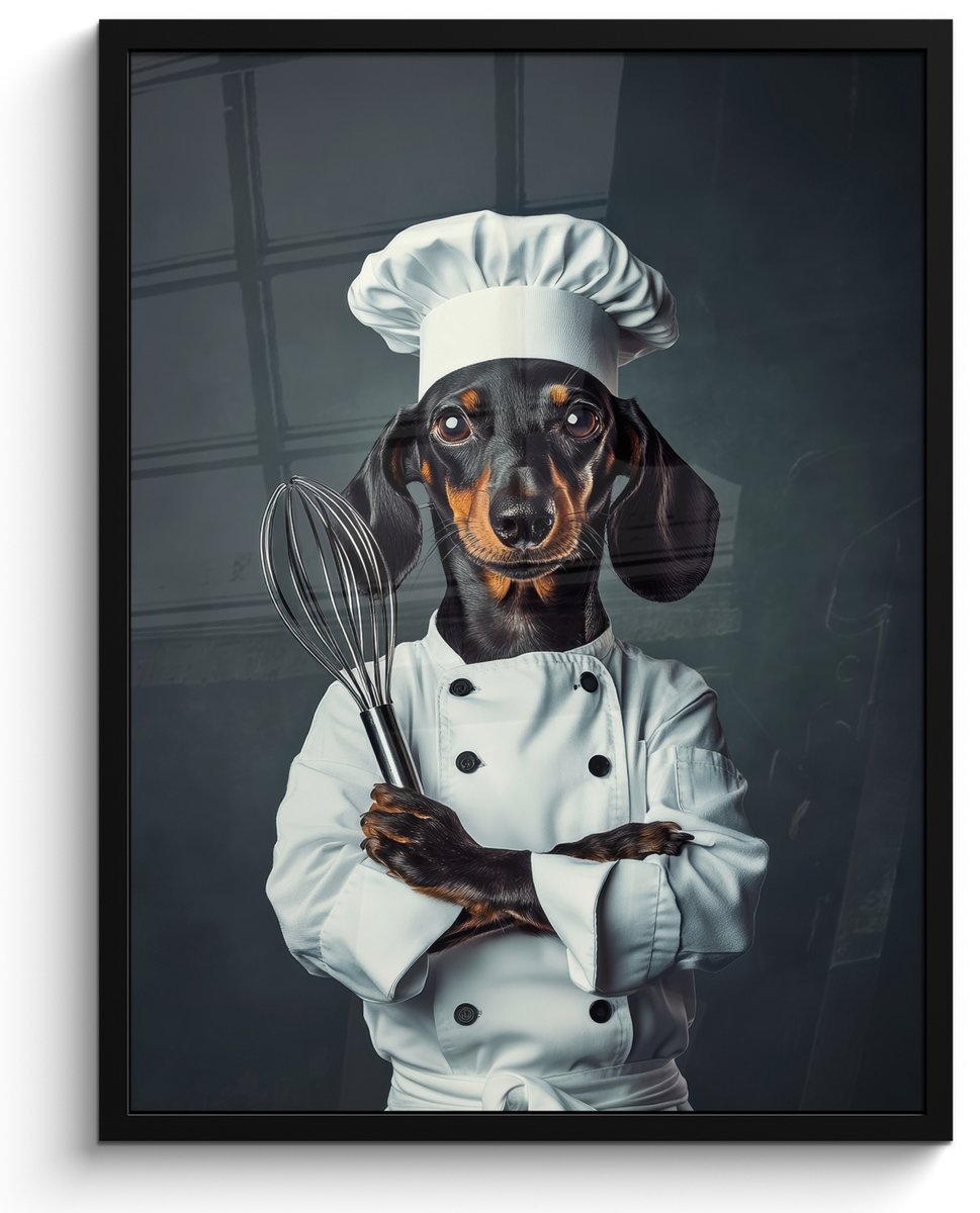 FrameYourWall Poster in lijst - Fotolijst 50x70 cm - Posters - Hond - Garde - Kok - Posterlijst zwart - Decoratie - Wanddecoratie woonkamer - Muurdecoratie slaapkamer Hond - Kokskleding