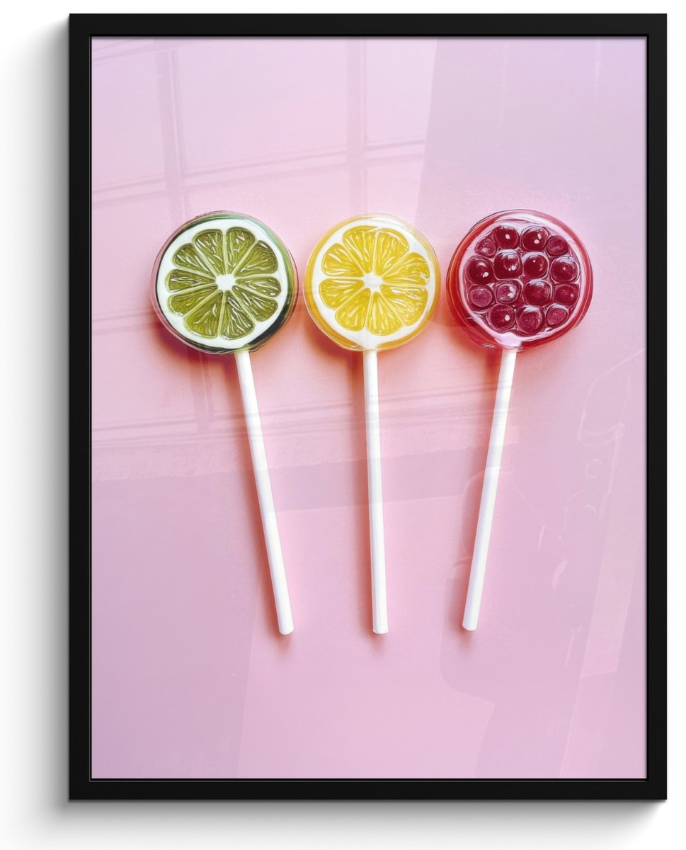 FrameYourWall Poster in lijst - Fotolijst 50x70 cm - Posters - Lolly - Snoep - Citrus - Posterlijst zwart - Decoratie - Wanddecoratie woonkamer - Muurdecoratie slaapkamer