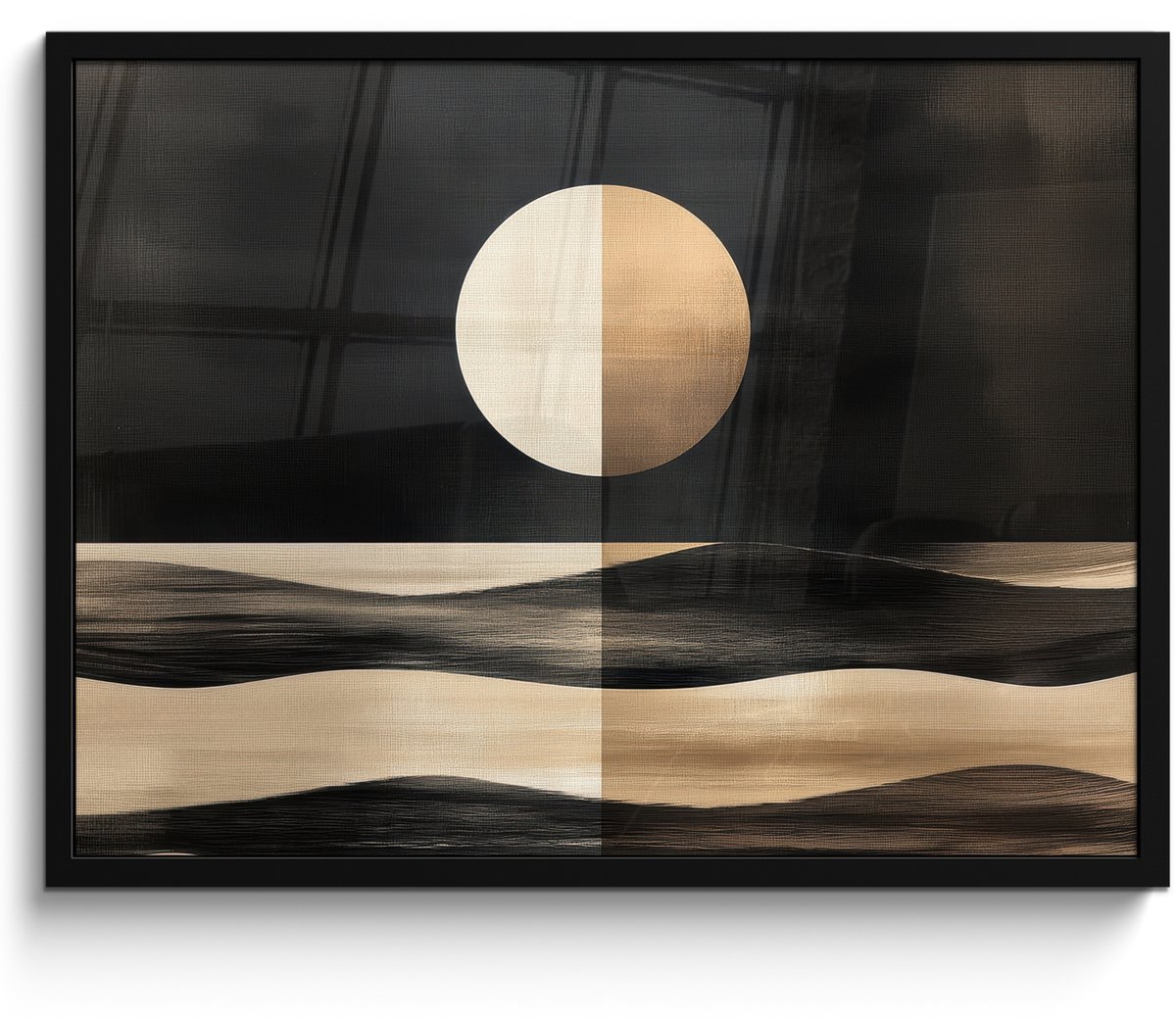 FrameYourWall Poster in lijst - Fotolijst 70x50 cm - Posters - Maan - Cirkel - Goud - Posterlijst zwart - Decoratie - Wanddecoratie woonkamer - Muurdecoratie slaapkamer Maan - Abstract