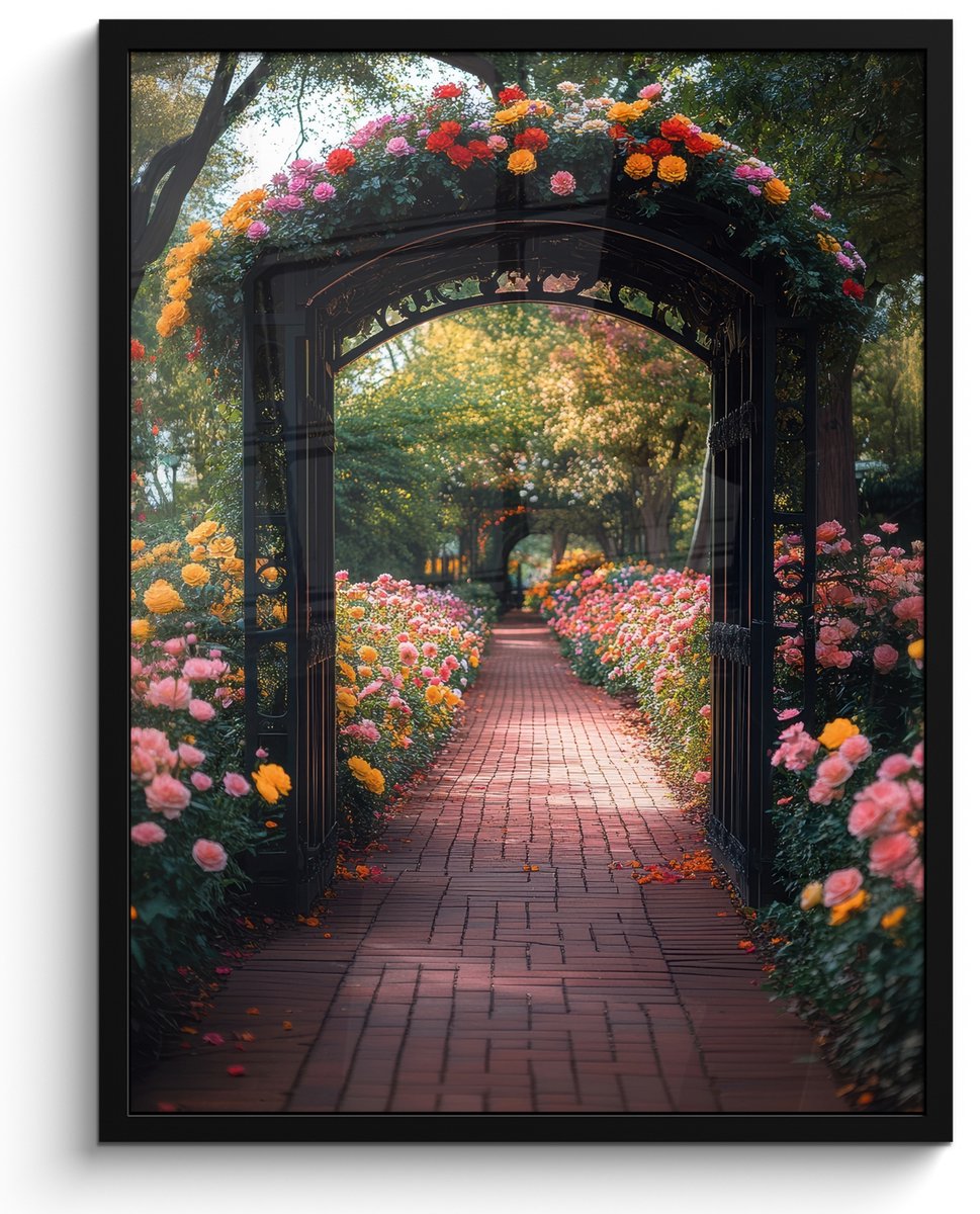 FrameYourWall Poster in lijst - Fotolijst 50x70 cm - Posters - Doorkijk - Bloemen - Pad - Natuur - Kleurrijk - Posterlijst zwart - Decoratie - Wanddecoratie woonkamer - Muurdecoratie slaapkamer Poort - Tuin
