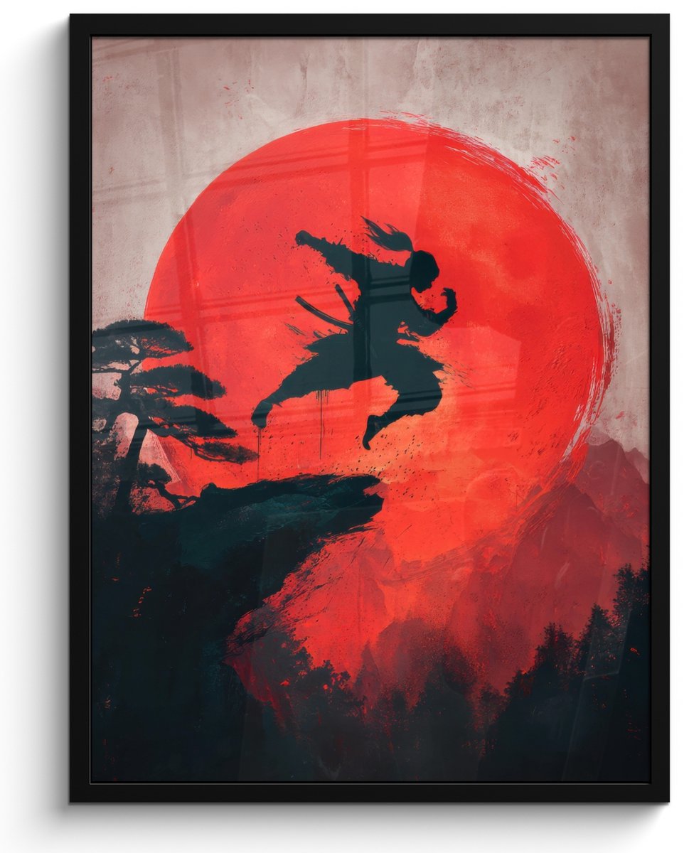 FrameYourWall Poster in lijst - Fotolijst 50x70 cm - Posters - Zon - Krijger - Bomen - Bergen - Posterlijst zwart - Decoratie - Wanddecoratie woonkamer - Muurdecoratie slaapkamer Zon - Krijger - Landschap