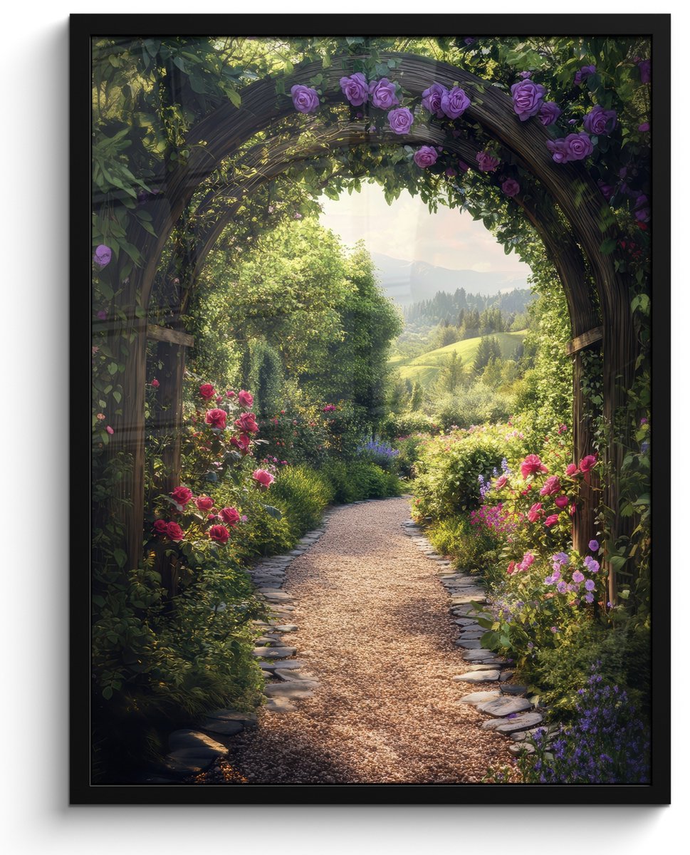FrameYourWall Poster in lijst - Fotolijst 50x70 cm - Posters - Doorkijk - Landschap - Bloemen - Tuinboog - Natuur - Posterlijst zwart - Decoratie - Wanddecoratie woonkamer - Muurdecoratie slaapkamer Tuinboog - Bloementuin
