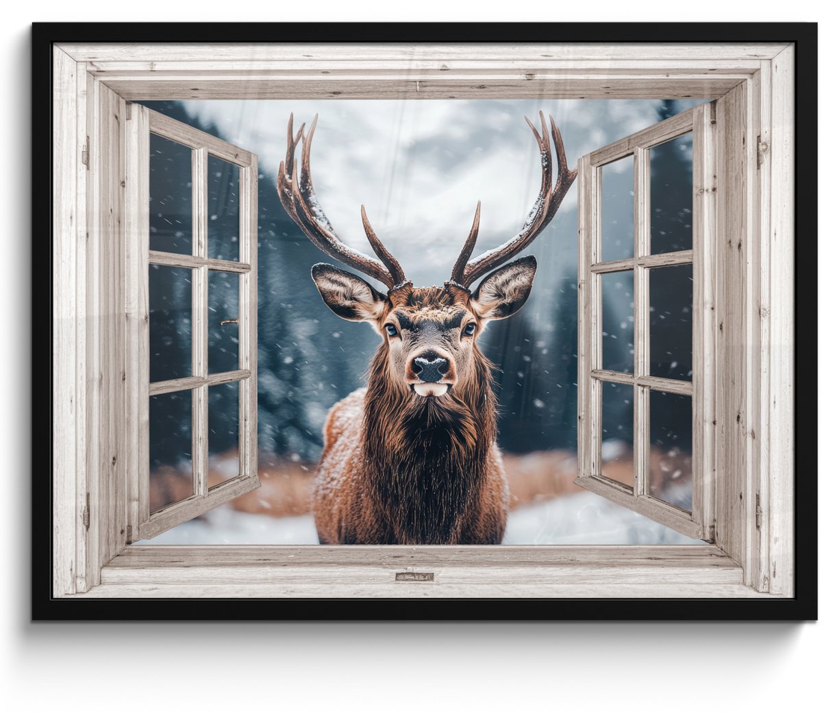 FrameYourWall Poster in lijst - Fotolijst 70x50 cm - Posters - Hert - Dieren - Landschap - Winter - Sneeuw - Doorkijk - Natuur - Posterlijst zwart - Decoratie - Wanddecoratie woonkamer - Muurdecoratie slaapkamer