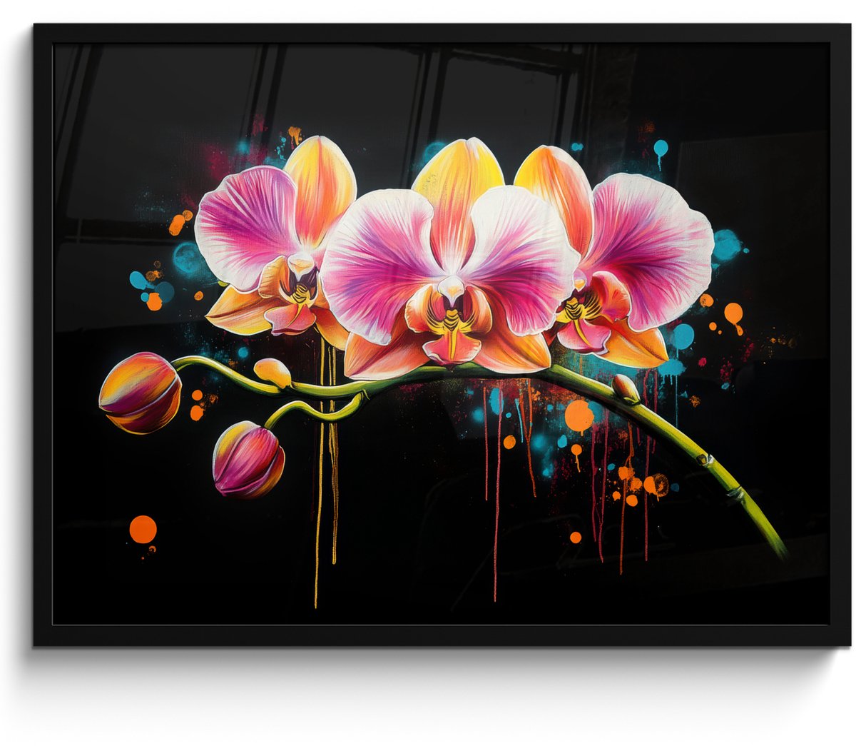 FrameYourWall Poster in lijst - Fotolijst 70x50 cm - Posters - Orchidee - Graffiti - Kleurrijk - Bloemen - Abstract - Posterlijst zwart - Decoratie - Wanddecoratie woonkamer - Muurdecoratie slaapkamer Graffiti - Orchidee