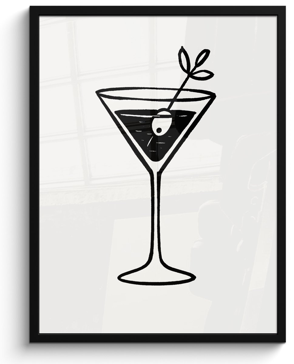 FrameYourWall Poster in lijst - Fotolijst 50x70 cm - Posters - Cocktail - Glas - Olijf - Minimalistisch - Posterlijst zwart - Decoratie - Wanddecoratie woonkamer - Muurdecoratie slaapkamer