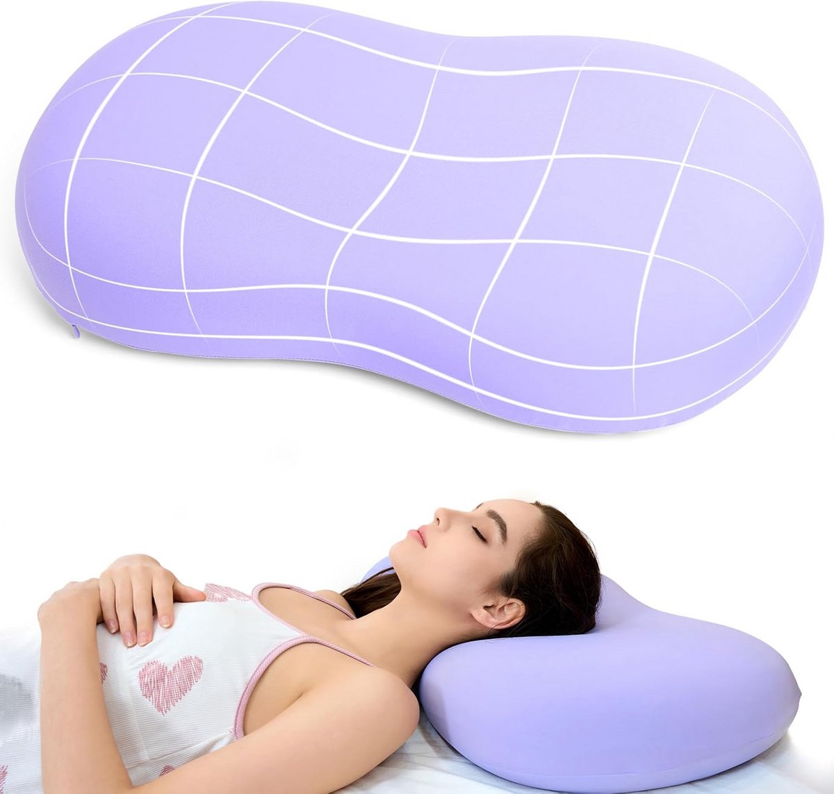 Memory Foam Hoofdkussen Ergonomisch Contour Cervicaal Kussen voor Zij- en Rugslapers met Koelende Zijdezachte Kussensloop - Paars