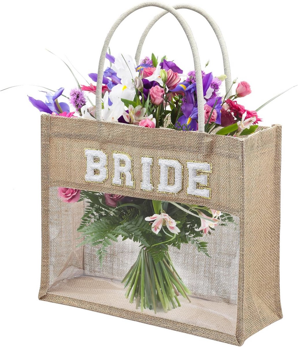 Bruidstas van natuurlijke jute met transparant design - 37 x 30 x 13 cm