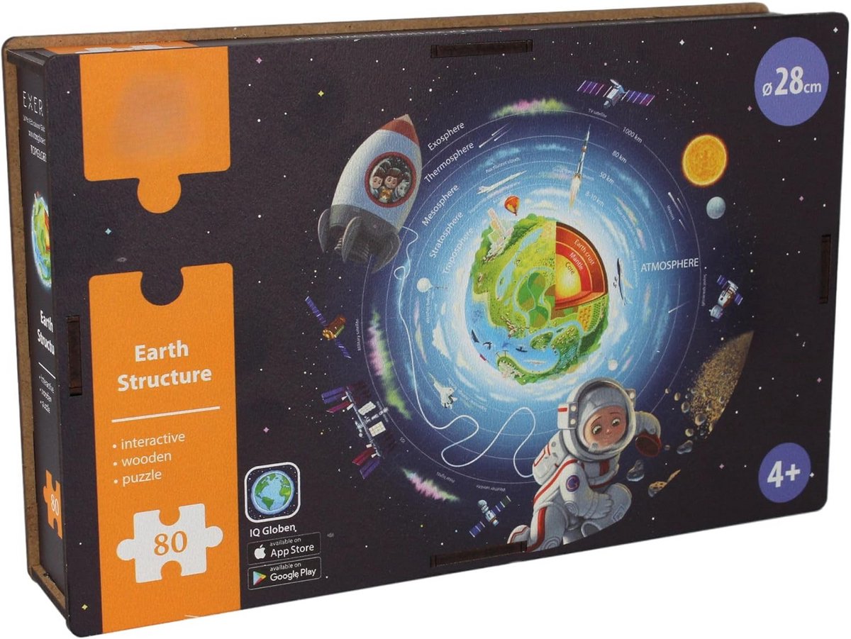 Houten Ronde Puzzel Aarde en Ruimte - 80 Stuks Interactieve Wereldkaart met AR Functie