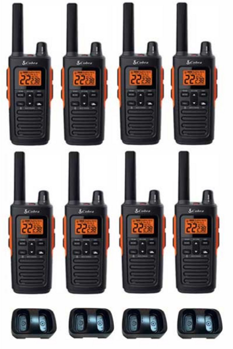 Set van 8 Cobra RX680 vergunning vrije portofoons PMR446 IP54 met tafellader