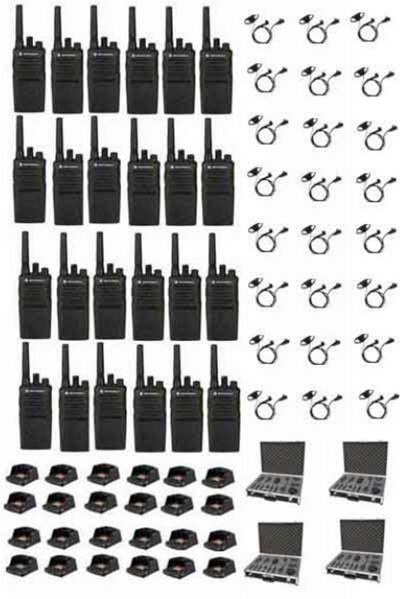 Set van 24 Motorola XT420 UHF IP55 PMR446 Portofoon met laders D-shape oortje en koffer