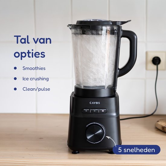 Cavos Blender 1200W - Smoothie Blender met Glazen Kan 1,5L & To-Go Beker 600ml - Ice Crush - Krachtige power blender - 5 Snelheden - RVS - Zwart van Merkloos — afbeelding 2