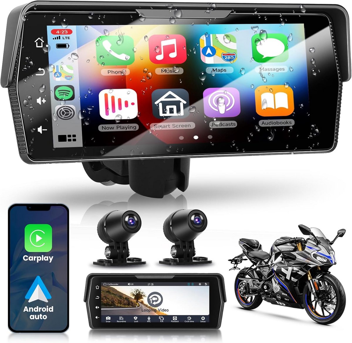 Motorfiets Display met Draadloze CarPlay, Android Auto en Dubbele Dashcam