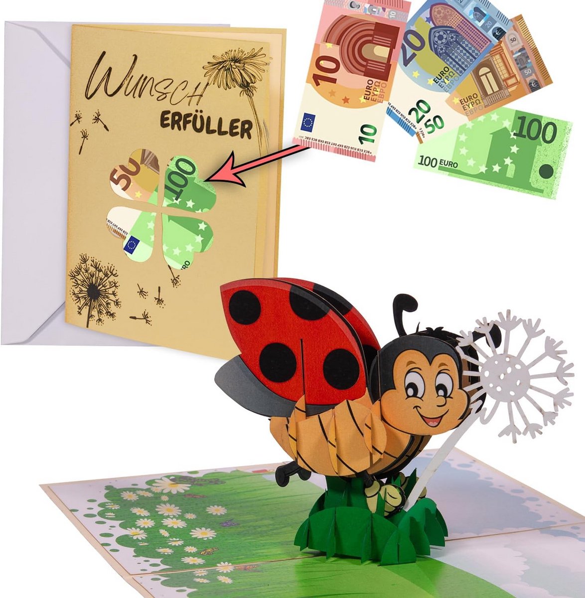 3D Pop-Up Wenskaart met Envelop voor Geldcadeau - Verjaardag en Geluksmotief