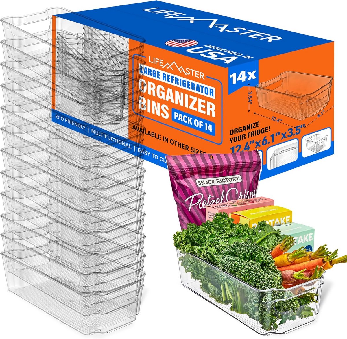 14-delige Stapelbare Koelkast Organizer Set - Doorzichtige Opbergbakken voor Koelkast en Voorraadkast met Handgrepen