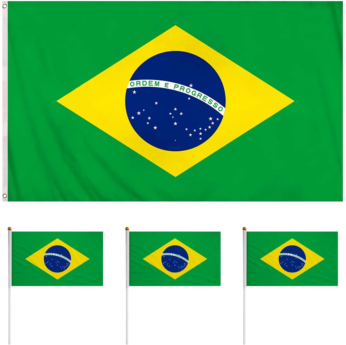Braziliaanse Vlaggen Set - Vlaggen Brazilië - Feestelijke Decoratie - Waterdicht en Zonbestendig - 90x150 cm en 14x21 cm
