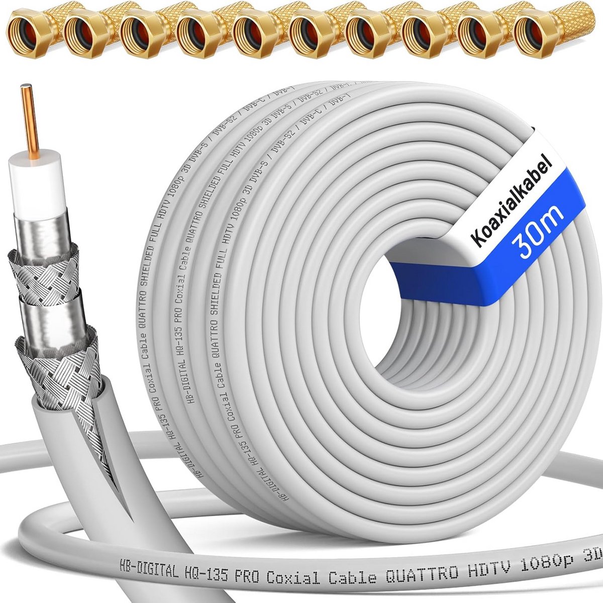 Coaxkabel 135dB 30m 4-aderig afgeschermd voor DVB-S/S2 DVB-C en DVB-T BK systemen + 10 vergulde F-connectors gratis