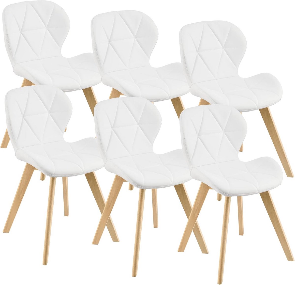 Set van 6 Witte Eetkamerstoelen met Kunstleren Bekleding en Houten Poten