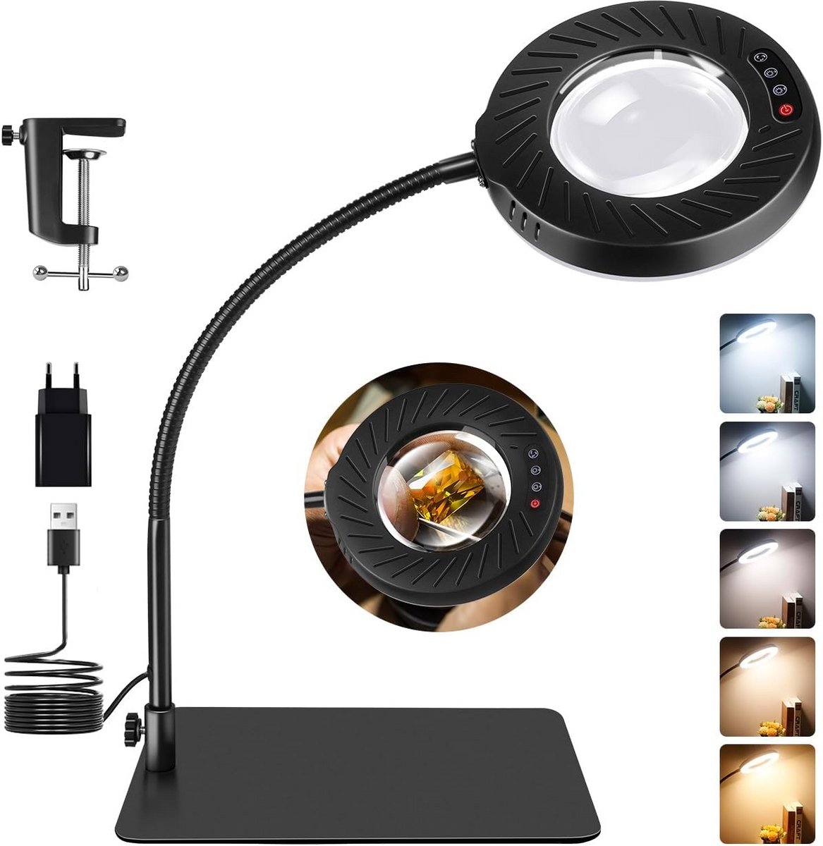 Vergrootglas met Licht en Standaard 12x - Dimbare LED Tafellamp 5 Kleurmodi voor Hobby en Reparatie