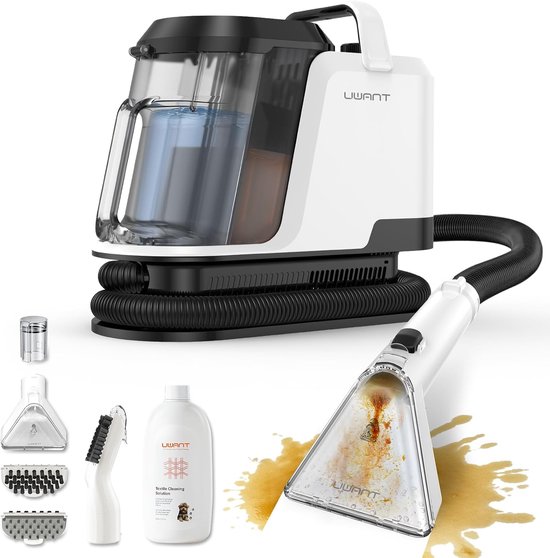 Tapijtreiniger – Vlekkenverwijderaar – Stoffenreiniger – Meubelreiniger – Schoonmaakmachine – Krachtige Zuigkracht 18 kPa – 600 Watt Motor – Dubbelzijdige Borstel – 2 Watertanks 1,2 L – Voegborstel – Zwart-Wit Variant